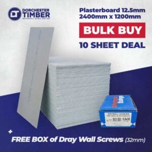 10 x Square Edge Plasterboard 12.5mm 2400mm x 1200mm (Bulk Deal) + Free Box of 32mm Dry Wall Screws